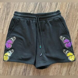 QUEEN OF SPARKLES Butterfly Shorts. Black with Purple/Gold Sequin Butterflies. M